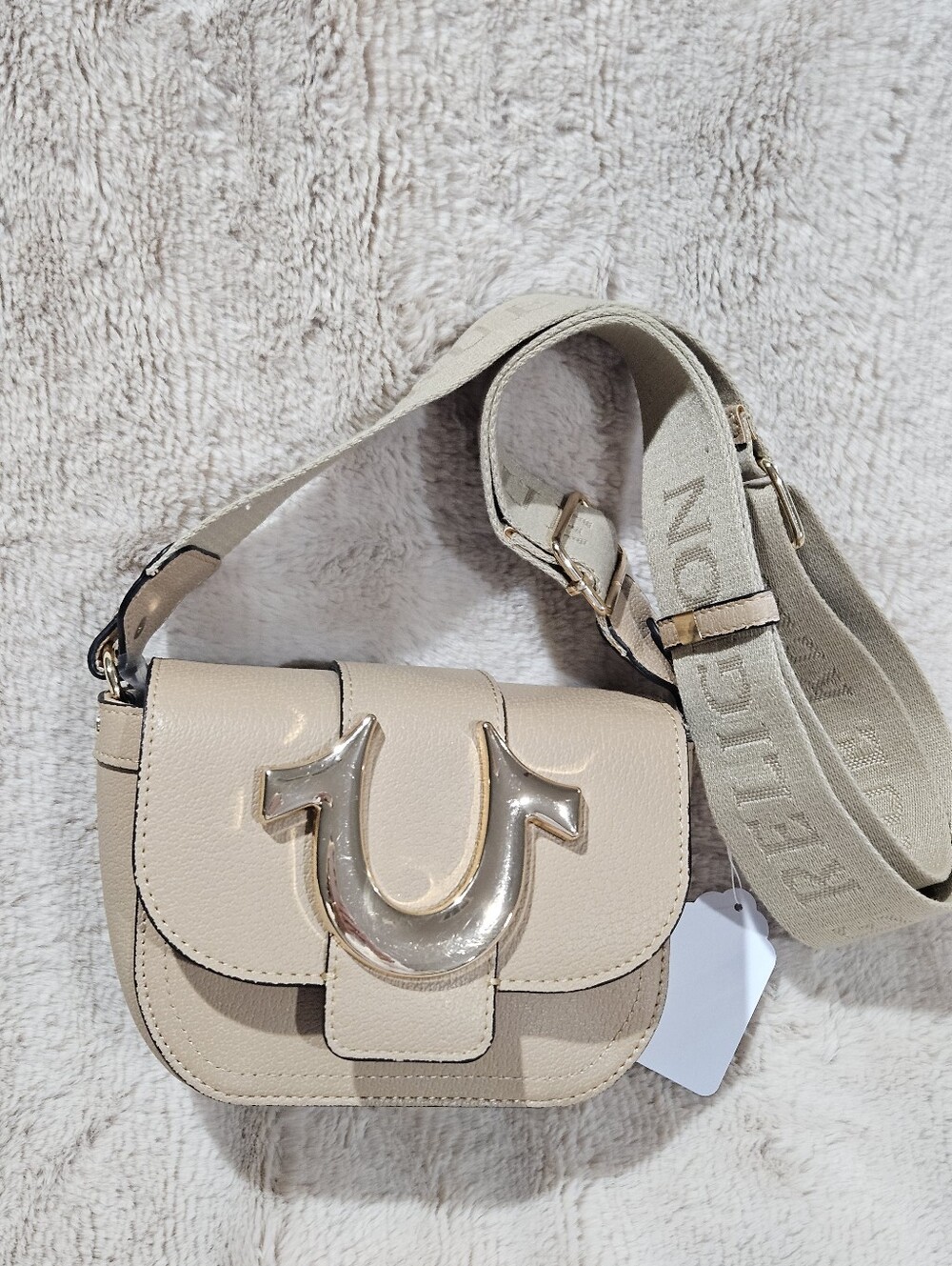 Beige Leather Crossbody Bag with Gold Accent By True Religion
